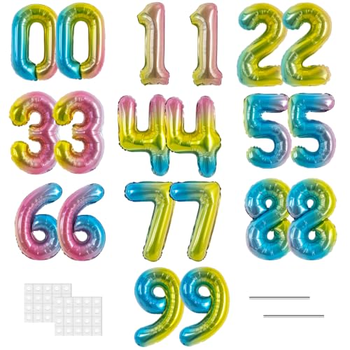 Image of TONIFUL 2 Set Colorful Gradient Number Balloons 16 Inch 0-9 Mylar Foil Balloons 20 Pcs Rainbow Small Custom Digital Ballons for Birthday Baby Shower Graduation Anniversary Party Decorations