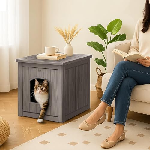 Image of Cat Litter Box Enclosure, Plastic Hidden Litter Box Side Table with Openable Front Door, Cat Box Enclosure Cabinet for Indoor & Outdoor Use, Weatherproof, Easy to Clean & Assemble, Grey