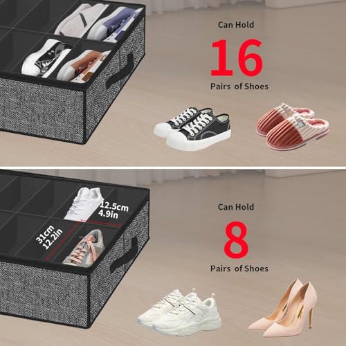Onlyeasy Sturdy Under Bed Shoe Storage Solution Organizer For Closet Fit 16x2 Pairs, Underbed Shoes Container Bags with Reinforced Handles, Breathable, Linen-like Black, MXAUBS16P2 by Onlyeasy - Image 8