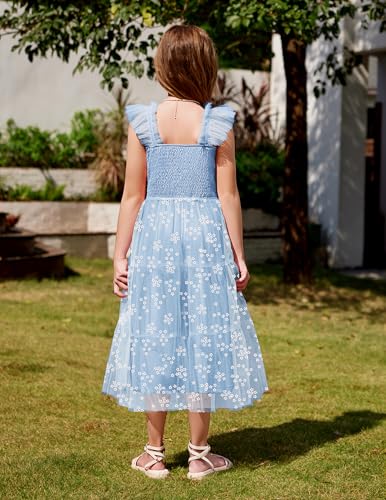Arshiner Tween Girls Dress Ruffle Sleeve Elastic Straps Smocked A-Line Tulle Summer Long Patry Birthday Sundress4
