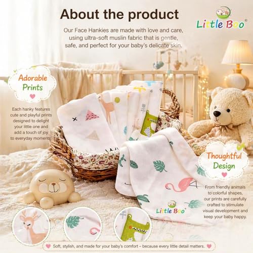 Image of Little Boo Muslin Face Hankies /Towels for Newborn Baby Extra Soft Reusable Napkins for Infants Toddlers /Kids (Pack of 5) White Printed.