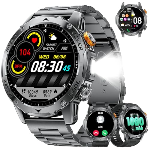 Military Smart Watch for Men with 1000mAh Battery/Flashlight, 1.75'' HD Rugged Smartwatch Answer/Make Call, Heart Rate/110+ Sports Mode, IP68 Waterproof Fitness Tracker Watch for Android iPhone