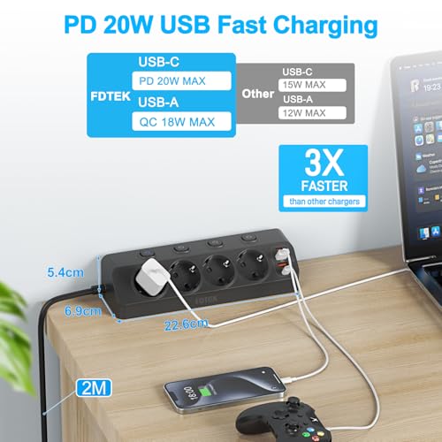 FDTEK Listwa zasilająca na biurko, 20 W, indywidualnie przełączana (4000 W/16 A), płaska wtyczka z USB C, 4 gniazda wtykowe z przełącznikiem, kabel 2 m, narożna listwa zasilająca do domu, biura