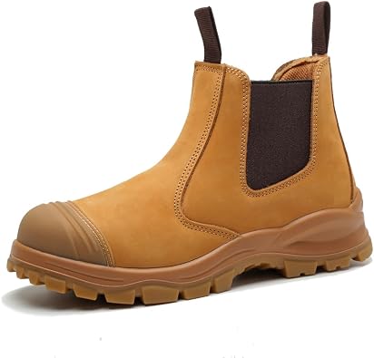 BPKW Mens Steel Toe Work Boots, Breathable Nubuck Leather Slip-on Safety Boots with Scuff Cap, Shock Absorbing Thick Sole, Puncture Resistant Steel Midsole, Slip Resistant TPU Outsole