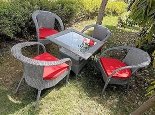 Image of India 4+1 Outdoor Indoor Patio Furniture Set - Rattan Chair Conversation Set for Poolside, Lawn, Balcony, Rooftop, Garden (Black With White Lined & Red)