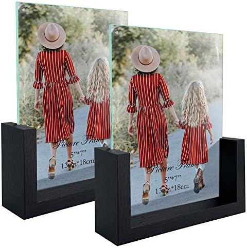 MEBRUDY 5x7 Picture Frame 2 Pack, Black Photo Frames with Tempered Glass Cover and Wooden Base for Tabletop or Desktop Display