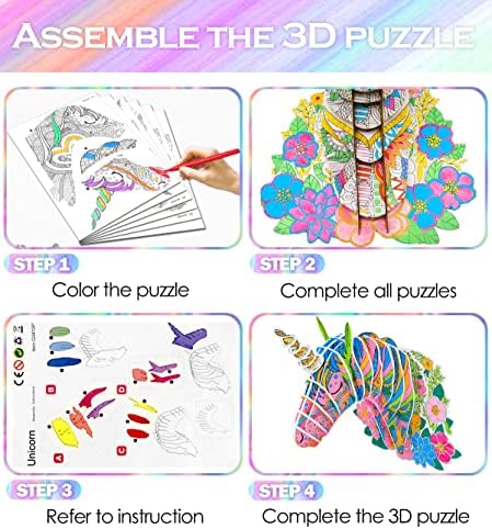 3D Coloring Puzzle,Unicorn Coloring Puzzle Creative Gifts for Girls, Fun Art Creative Gifts Toys, Painting Craft Birthday Gift,Educational 3D Coloring Puzzle for Kids Boy Girls Gifts Age 6 7 8 9 10