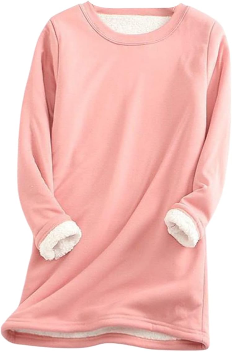 Tsnbre Womens Warm Fleece Lined Sweatshirt, Plus Size Pullover Crewneck Long Sleeve Winter Pajamas Sleepwear Top Solid Color