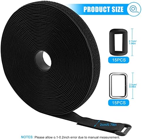 6M Velcro Straps with 30 Buckles, Releasable Hook and Loop Straps Free Cut Length Reusable Cable Ties Black Cable Tidy Wire Management