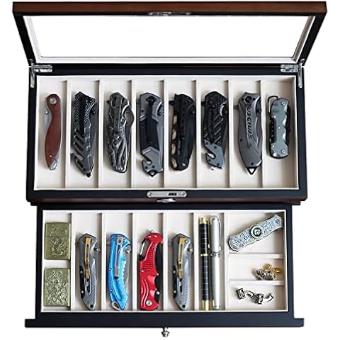Besforu Pocket Knife Display Case for men collection holder 15-17 folding knife with Walnut Finish Two-Tier Knife organizer storage box with Real Glass Window Top (walnut veneer with draw) Cover