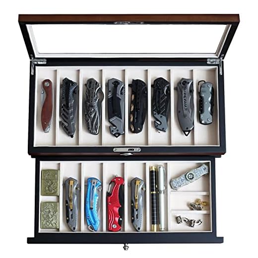 Besforu Pocket Knife Display Case for men collection holder 15-17 folding knife with Walnut Finish Two-Tier Knife organizer storage box with Real Glass Window Top (walnut veneer with draw)