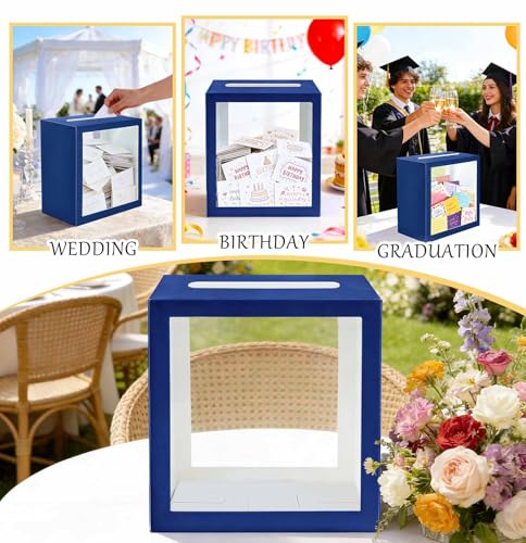 Image of SietDESEO Blue Card Box for Party with Clear Window Large Gift Card Box Holder for Wedding Reception Birthday Graduation Baby Shower Raffle Ticket Box