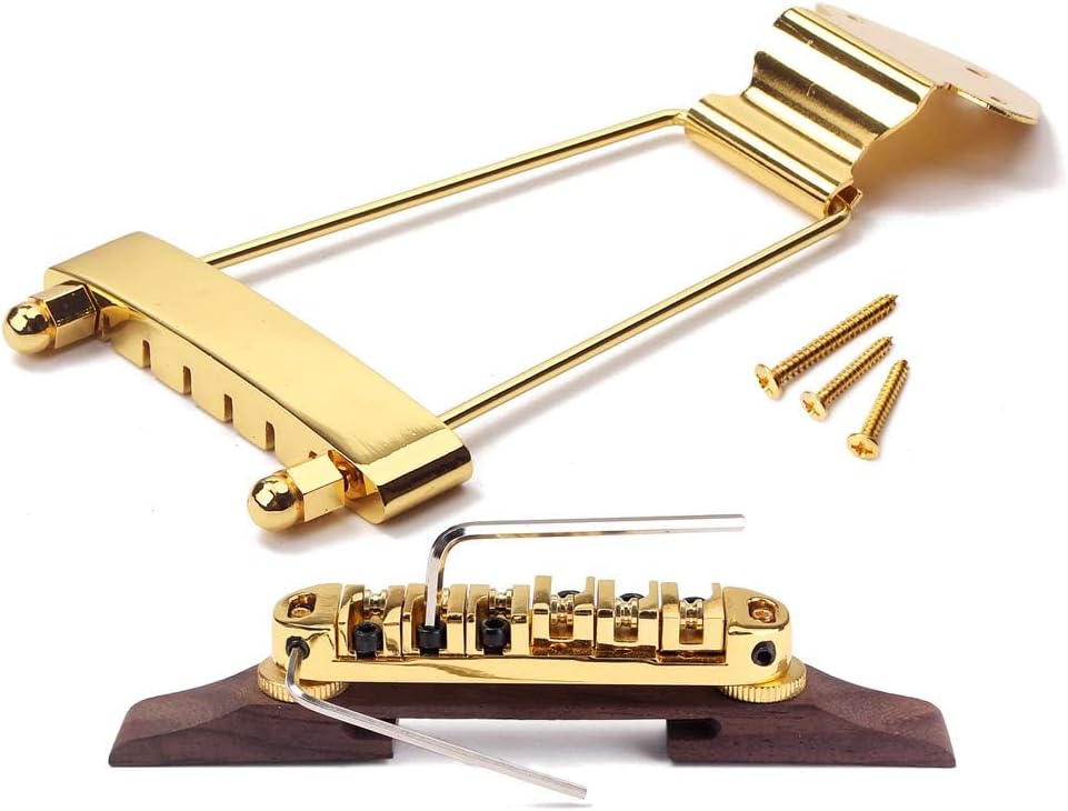 6 String Guitar Trapeze Tailpiece Bridge and Roller Tune-O-Matic Saddle Bridge for Jazz Archtop Guitar Replacement, Gold