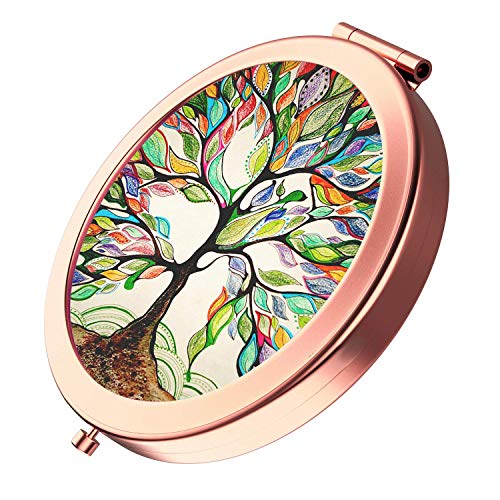 Yckmd Rose Gold Travel Purse Mirror Compact Double Sides 2X & 1X Magnification Hand Mirror Metal Round Bohemian Mirror For Women And Girls-Life Tree #TOP2