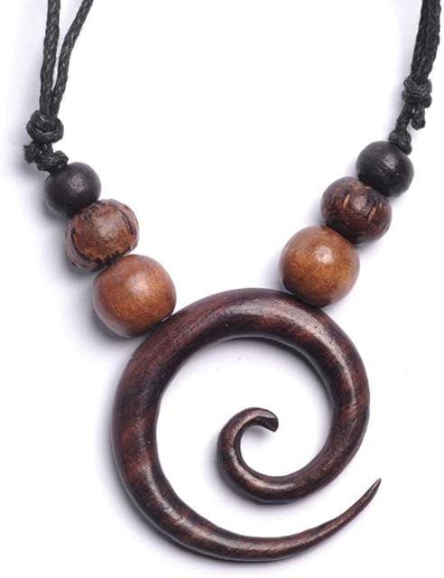 81stgeneration Brown Natural Wood Round Spiral Pendant - Boho Wooden Bead Necklace - Black Choker - Adjustable Pendant Necklace for Men and Women - Spiritual Ladies Gifts - Handmade Necklaces