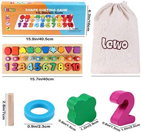 Lewo 3 in 1 Wooden Number Puzzle Montessori Toys Shape Sorter Counting Game Math Stacking Blocks Stem Preschool Educational Learning Toys for Age 2 3 4 5 Year Old Toddlers Kids Boys Girls