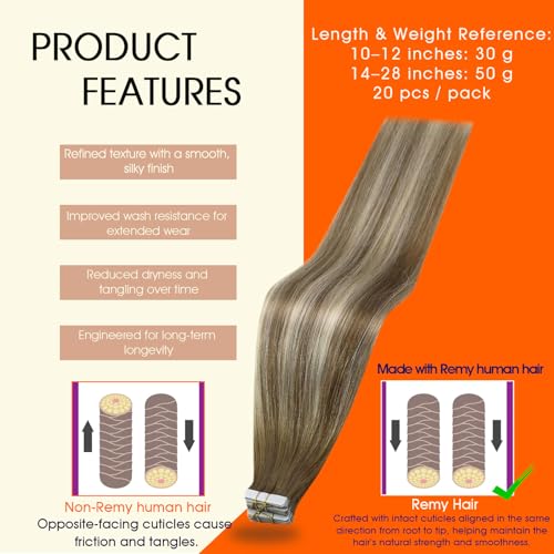 Image of Full Shine Tape in Hair Extensions Human Hair,Seamless Invisible Hair Extensions Tape in for Wedding,6 /60 /6 Light Ash Brown to Beige Blonde And Light Ash Brown Ombre,12Inch 30G 20Pcs,Natural Finish