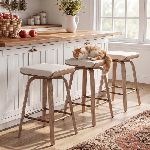 Image of HNY 26 inch Swivel Bar Stool Set of 1, Backless Counter Height Bar Stools with Removable Linen Cushion, 360 Swivel Wooden Saddle Stools with Footrest for Kitchen Island, Home Bar & Small Spaces