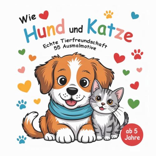 Wie Hund und Katze - Echte Tierfreundschaft - 55 Ausmalmotive: Malbuch für Kinder von 5 bis 8 Jahren mit liebevollen Freundschaftsszenen von Haustieren, Bauernhof- und Wildtieren