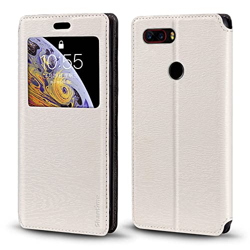 Shantime Sichtfenster-Lederhülle Kompatibel mit ZTE Nubia Z17S, Elegantes Design mit Klarsichtanzeige, Unsichtbarem Magnetverschluss & Kartenfach(Weiß)