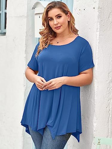 Larace Short Sleeve Shirts For Womens Plus Size Tops Casual Summer Clothes Asymmetrical Tunic Blouses Steel Blue #TOP4