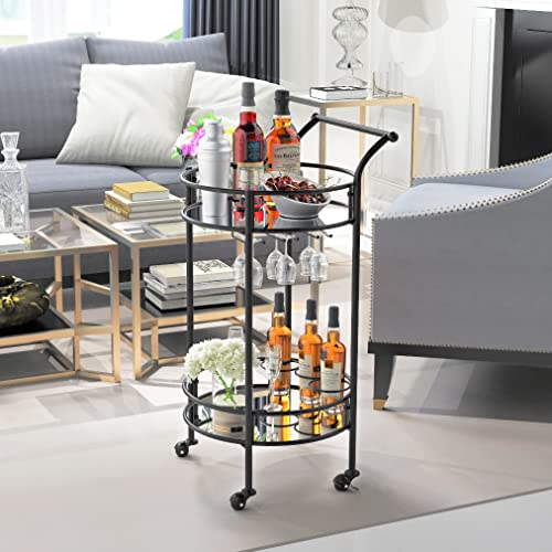 Round Gold Rolling Bar Cart With 2 Mirror Shelves, Wine Rack And Lockable Casters, Suitable For Home Kitchen, Club, Living Room, Thanksgiving, Christmas, New Year, 15"X15"X30.7" #TOP2