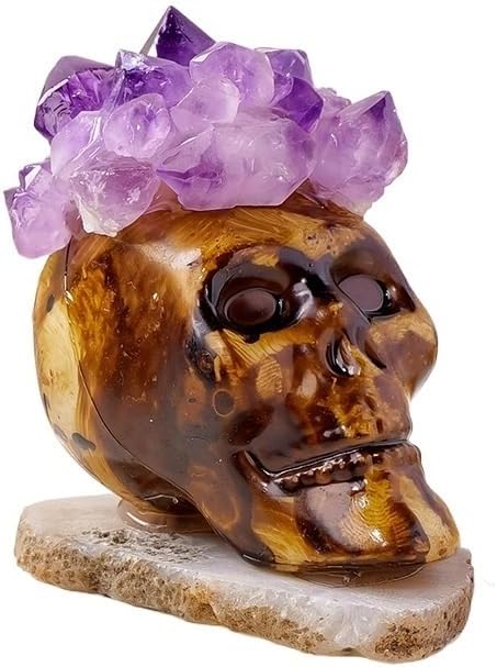 Amethyst Flower Agate Skull Crystal, Handcrafted Skull with Amethyst Cluster, Crystal Decor for and ((Brown))