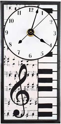 Modern Artisans Notas musicales y teclas de piano mini reloj de pared de cerámica, 3.75 x 7.75 pulgadas, blanco y negro, hecho a mano