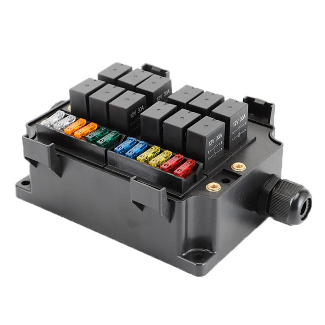 Kit de caja de fusibles de relé automotriz de 12 V, bloque de fusibles de hoja impermeable de 12 vías con relés de 5 pines de 40 A, fusible universal y panel de relé para coche, camión, RV