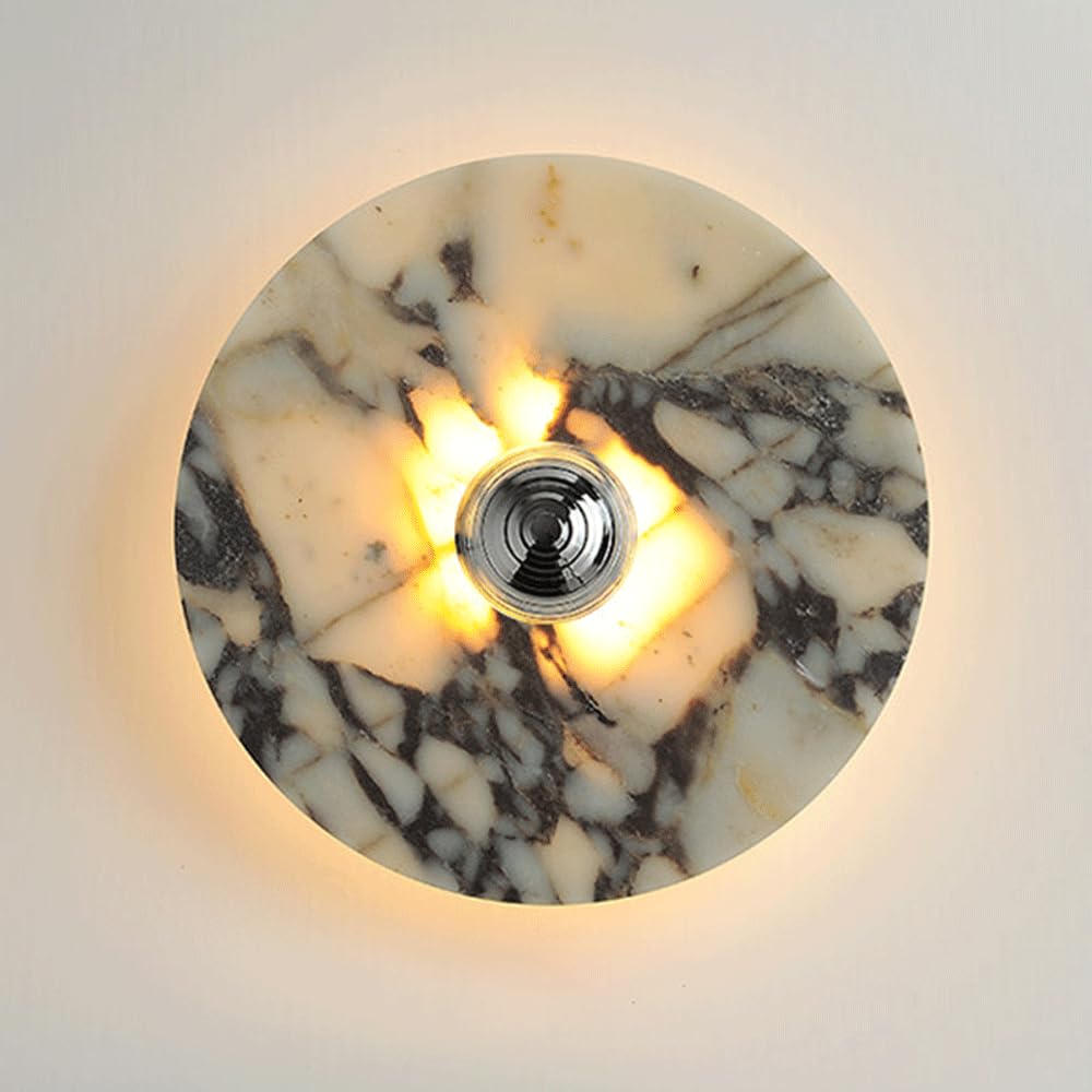 Natural Alabaster Wall Sconce Luxury Round Marble Wall Light Hardwire Wall Lighting Fixture Alabaster Marble Wall Lamp With 3000K LED Vanity Mirror Light For Bathroom Hallway Bedroom Living Room Stair
