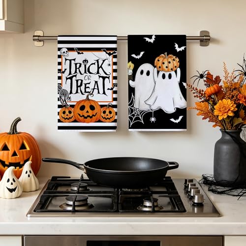Image of Hexagram Halloween Kitchen Towels, Black Halloween Hand Towels for Bathroom | Ghost Decor, Pumpkin Decor, Stripe Dish Towel, Set of 2, Trick or Treat Decorations, 18x28 Inch, Autumn Gifts