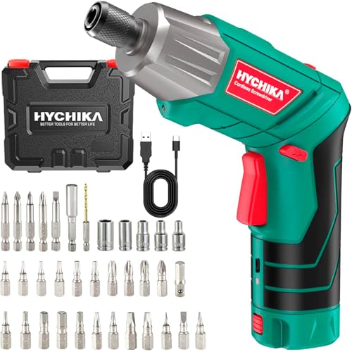 Akkuschrauber, 6N·m Max. Drehmoment HYCHIKA 2000mAh 3,6V Li-Ion Akku mit 36 Zubehörteilen, LED-Licht und Taschenlampe, Ratschenschlüssel, Ladeadapter mit USB Kabel und Aufbewahrungsbox für Schrauben