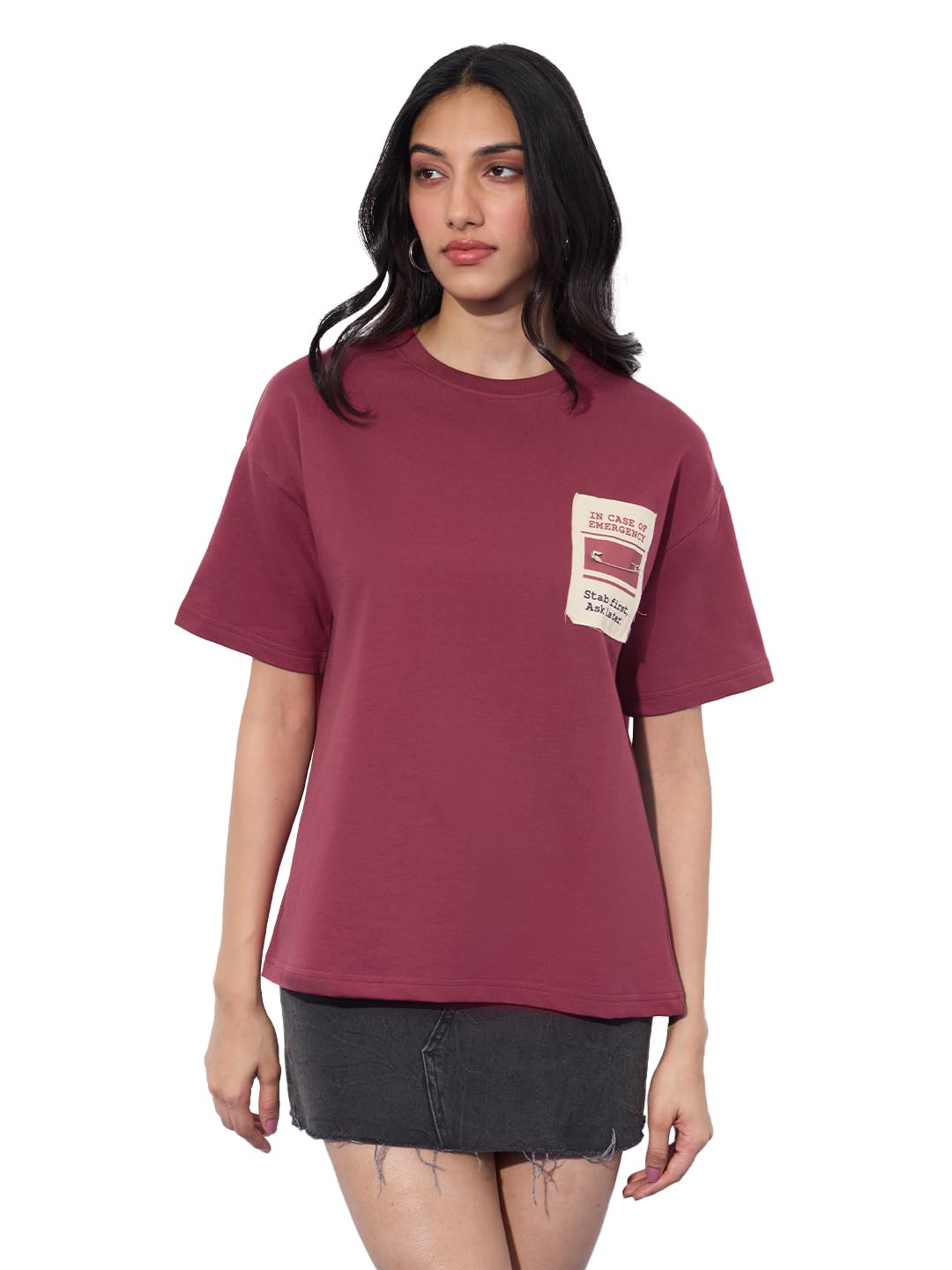 the souled store Oversized T-Shirt: Emergency Women and Girls Short Sleeves Round Neck Red Embellished Cotton Oversized T-Shirts-picture-42