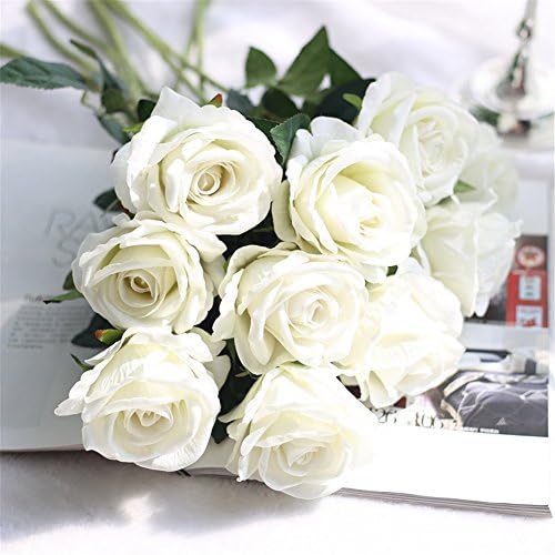 Amazon Com Crt Gucy Artificial Flowers Long Stem Silk Rose Flower Bouquet Wedding Party Home Decor Pack Of 6 White Home Kitchen
