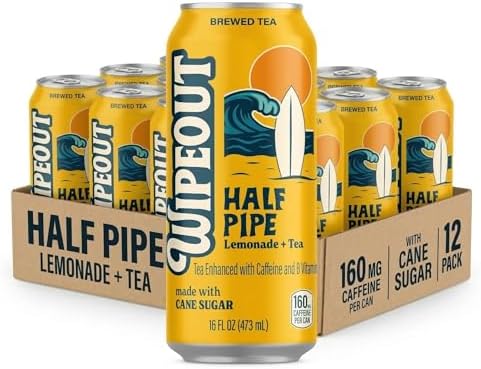 Wipeout Half-Pipe Lemonade Tea Caffeinated with 160mg Caffeine and B Vitamins Natural Lemonade and Black Tea Blend Naturally Sweetened Natural Ingredients 16 fl oz 12 Pack