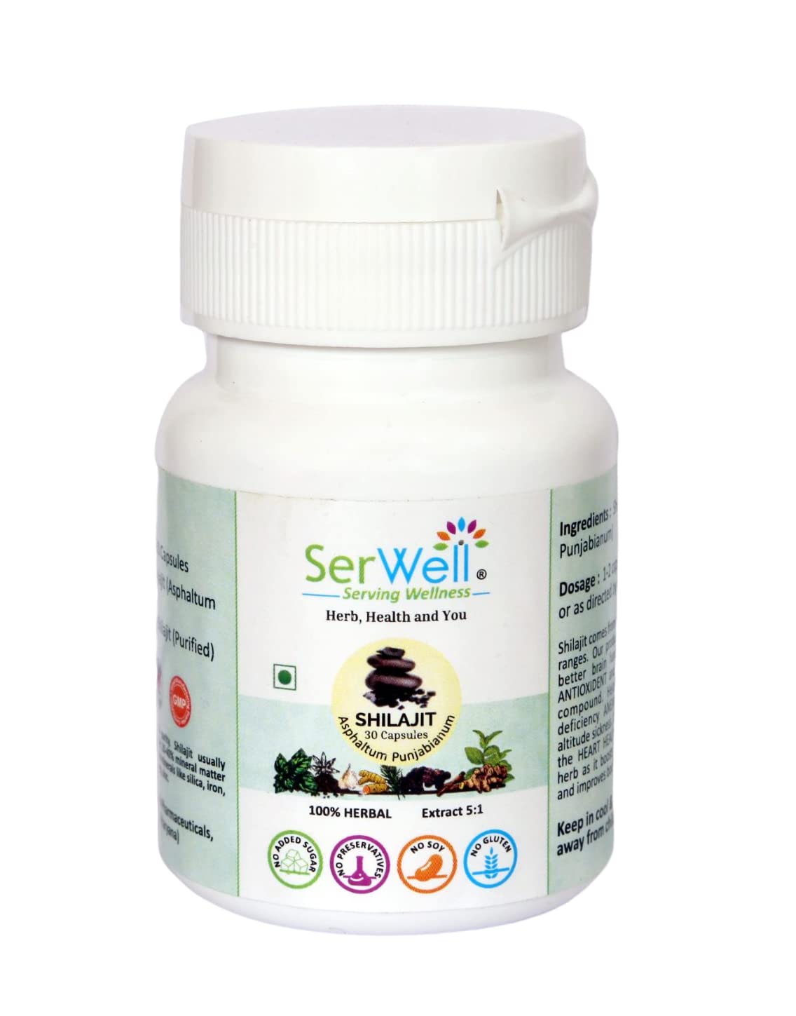 SerWell Pure Herbal Shilajit Extract 5:1 | 500Mg | 30 Vegetarian Capsules | Pack Of 1 | White | Shilajit Pack of 1