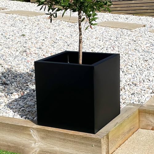Gardening Naturally Black Aluzinc Cube Planter - Zinc Lightweight Outdoor Patio Garden Pot with Drainage, Weatherproof & Corrosion-Resistant, 10-Year Warranty - Small/Medium/Large (40cm)