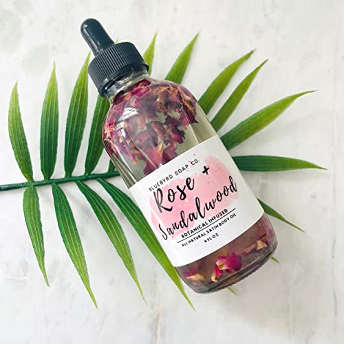 Bluebyrd Soap Co. Sandalwood Rose Body Oil | Non-Greasy & Fast Absorbing For Satin Skin | Anti-Aging Hydration Oil For Dry Skin | Multi-Use Lightweight Rose Oil For Body, Hair, Cuticles | Organic Rose Petals, Shea, Jojoba, & Coconut Oil | Vegan & Natural With Anti-Aging Properties -4Oz (Rose) #TOP4