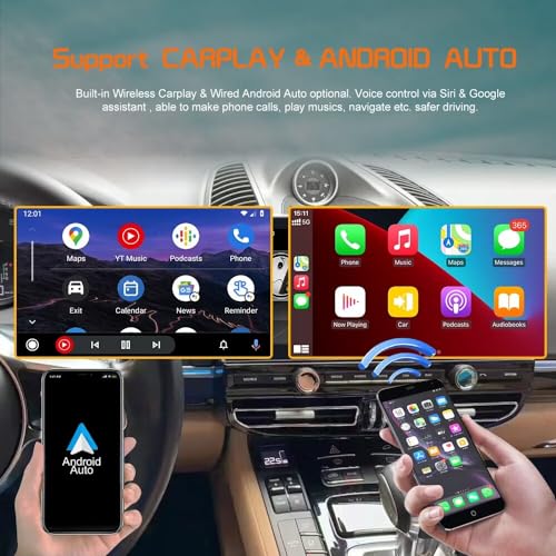 ABUWU Leitor de mídia veicular HD de 12,3 polegadas com carro sem fio e Android Auto adequado para T