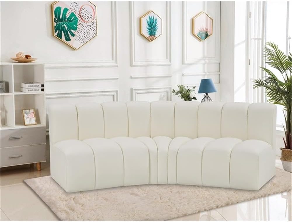 BOWERY HILL Cream Vegan Leather Modular Sectional, 86" W x 41" D x 30" H, Deep Channel Tufting, Contemporary Design, Versatile Seating Configuration for Living Room or Home Office