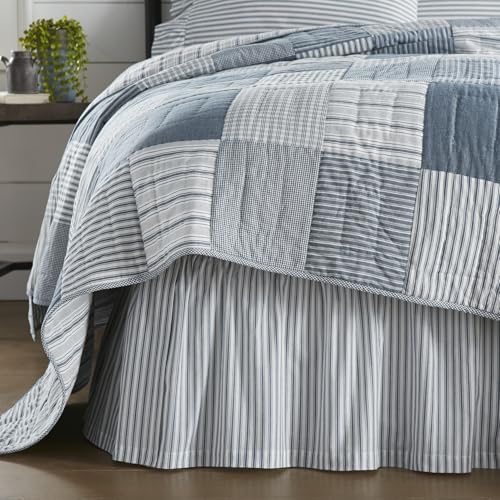 VHC Brands Sawyer Mill Ticking Striped Cotton Farmhouse Split Corners Gathered Queen Bedding Accessory, Skirt 60x80x16, Blue Denim