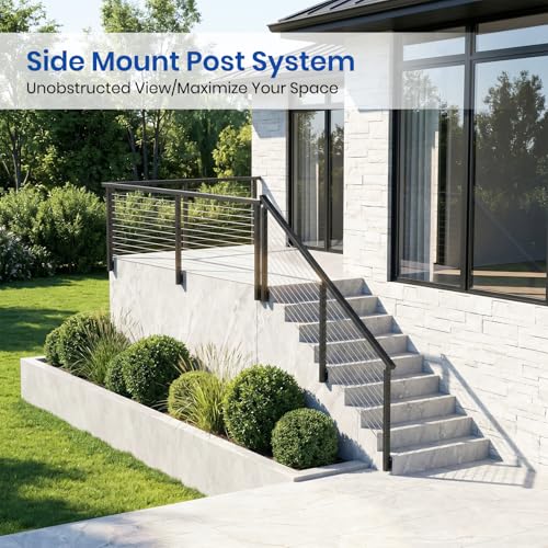 Image of BLIKA 4FT-12FT Complete Set 36 inch Side Mount Stair Railing Post Kits, Fascia Mount Stair Posts, Black Swageless Cable Railing System Include 2 Left Stair Posts, 150FT 1 /8 inch Stainless Cable(No Handrail)