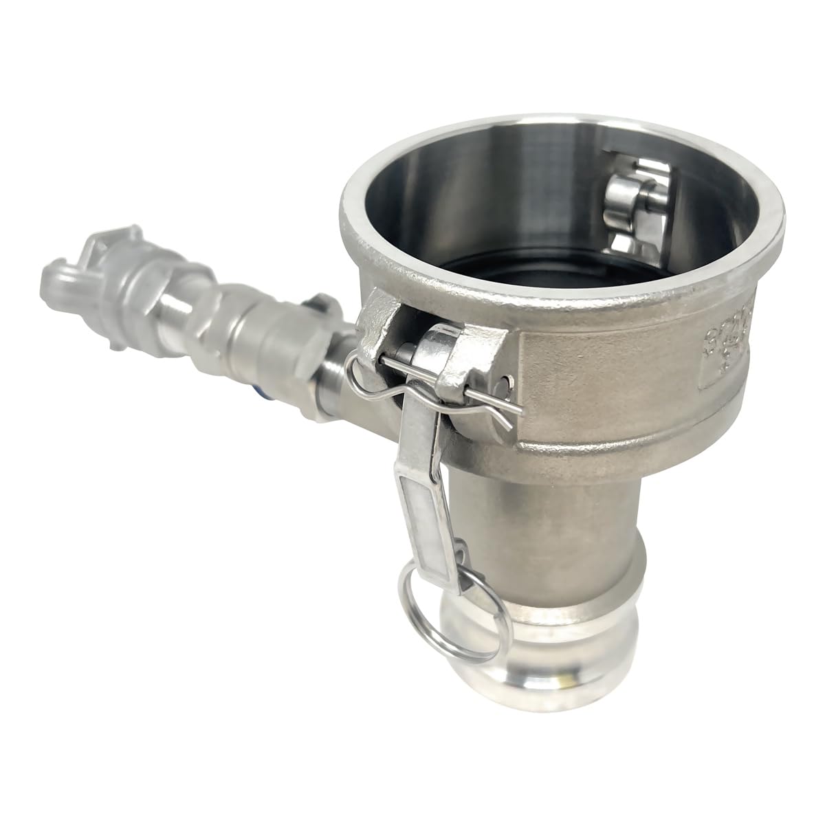 Gloxco Cam and Groove Fitting, Type DA with 3/4" Blowdown Assembly, Stainless Steel, 3" Female Camlock Coupler x 2" Male Camlock Adapter (CAM-3020-DABD07-SS)