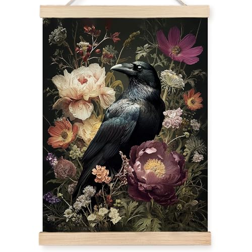 Image of PQKIY Dark Gothic Floral Raven Wall Art Poster Hanger Frame 12x16 in, Vintage Dark Cottagecore Moody Botanical Flower Crow Wall Decor Canvas Prints for Home Bedroom Living Room