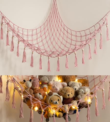Image of Stuffed Animal Toy Storage Hammock with LED Light - Macrame Jumbo Doll Corner Stuff Animals Organizer Decorations - Cute Hanging Plushie Net Kids Baby Nursery Bedroom Room Decor
