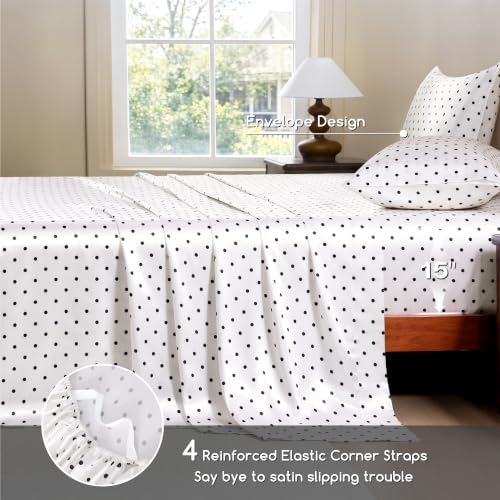 Image of MR&HM Satin Bed Sheets with Elastic Corner Straps, Queen Size Sheets Set, 4 Pcs Silky Bedding Set with 15 Inches Deep Pocket for Mattress (Queen, Polka Dot Ivory)