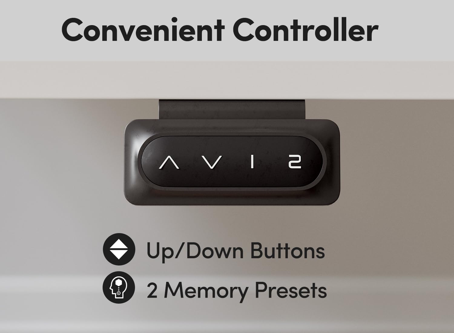 Close-up of the desk's control panel with up/down buttons and memory presets
