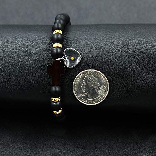Image of Uloveido Black Agate Side Cross Bracelet Mustard Seed Charms, Personalized Letter A-Z Tiger's Eye Bangle Y944