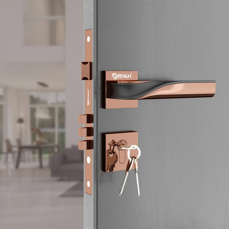 GRIVAN Stylish Brass Mortise Lock for Door, Bedroom, Balcony, Store Room Handle Set for Main & Internal Doors Durable Lock Body & 3 Keys Included (Rose Gold, Black Finish) | 2 Years Warranty (B0D8L4VQFB) Amazon Price History, Amazon Price Tracker