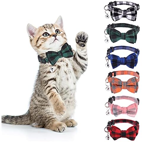 DragonflyDreams 6 PCS Cat Collars with Bow Tie and Bell,Cat Collars Plaid,Breakaway Adjustable Cat Bow Tie Collars,Cute Bow Tie Suitable for Kittens Or Certain Puppies Cover